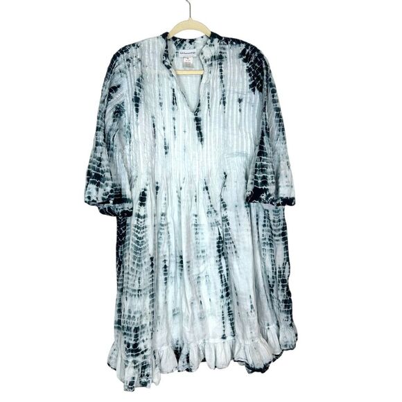 Soft Surroundings Marbella Dress XL Blue Navy Pintuck Ruffle Cotton Tie Dye boho - Picture 1 of 12